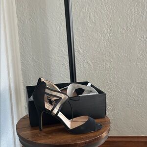 Nina Black Open-Toe Strappy Stiletto Heels
